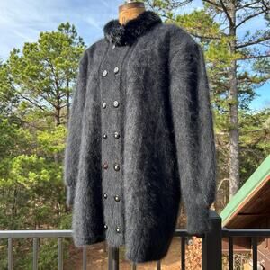 Vintage 80s Cache Angora Oversized Puff Sleeve Cardigan Rhinestone Buttons